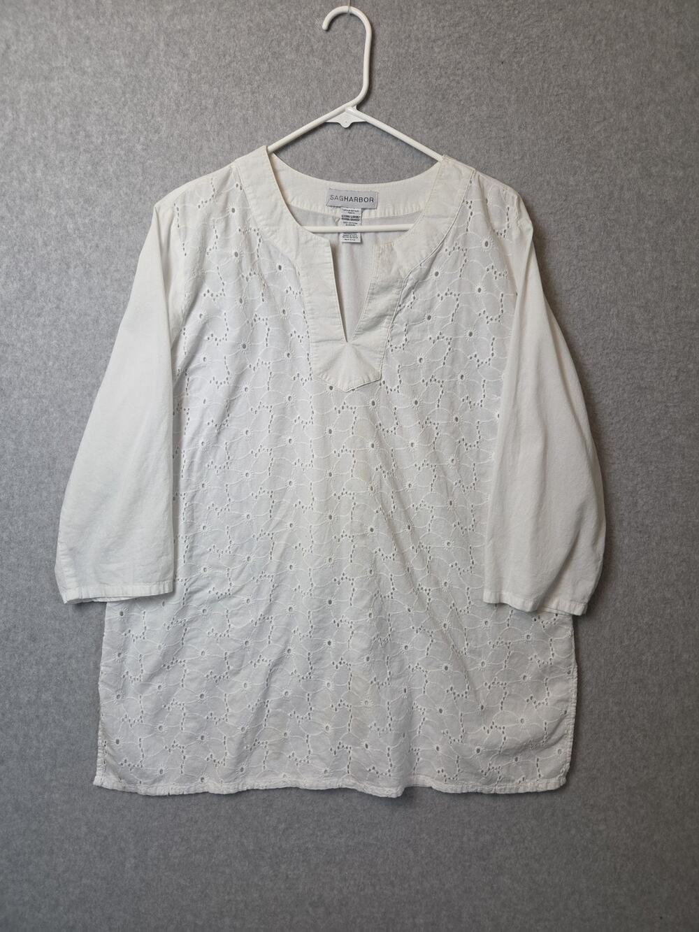Sag Harbor 100% Cotton White 3/4 Sleeve Floral Eyelet Embroidered Popover Top XL